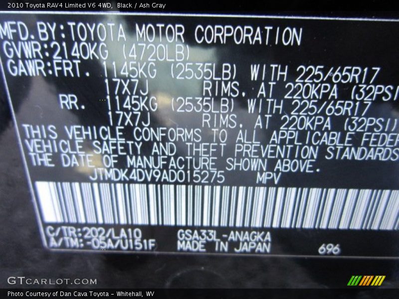 Black / Ash Gray 2010 Toyota RAV4 Limited V6 4WD
