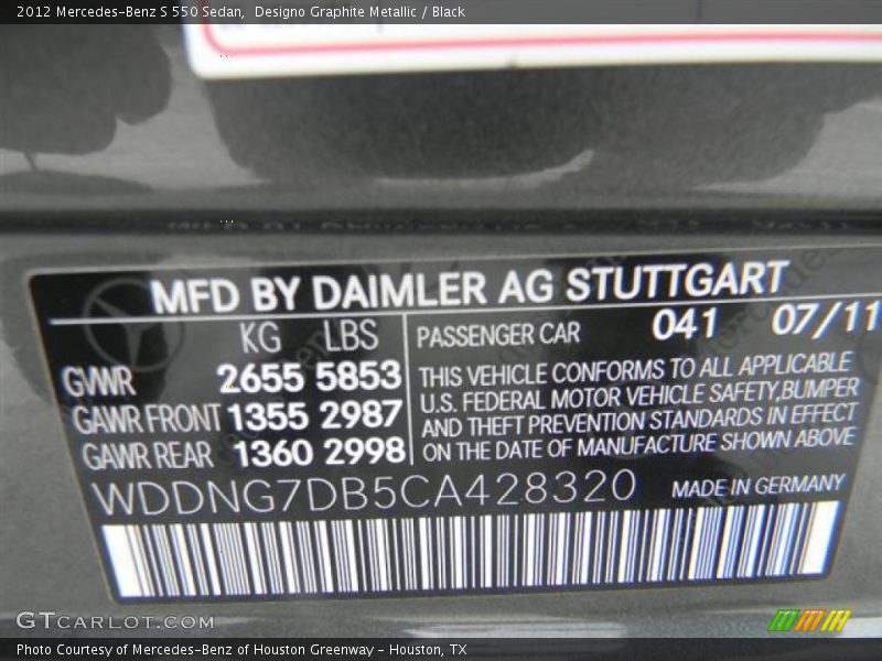 2012 S 550 Sedan Designo Graphite Metallic Color Code 041