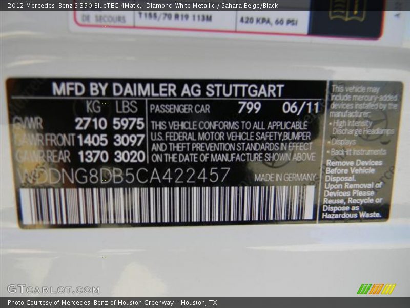 Diamond White Metallic / Sahara Beige/Black 2012 Mercedes-Benz S 350 BlueTEC 4Matic