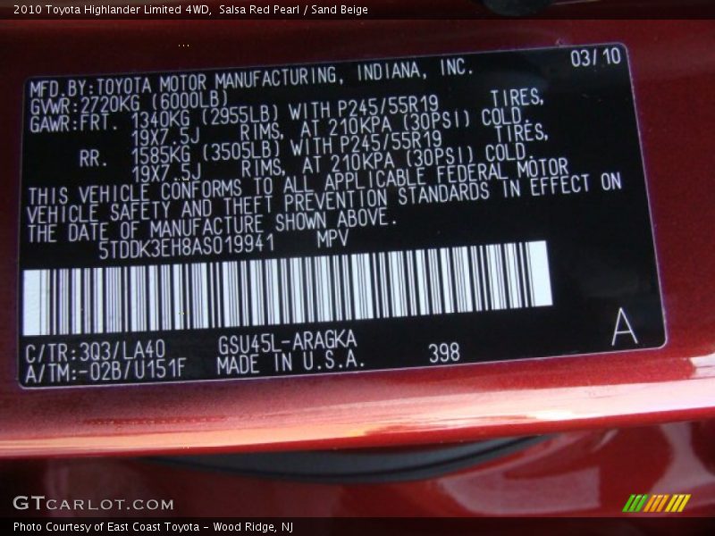 Salsa Red Pearl / Sand Beige 2010 Toyota Highlander Limited 4WD