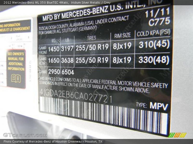 2012 ML 350 BlueTEC 4Matic Iridium Silver Metallic Color Code 775