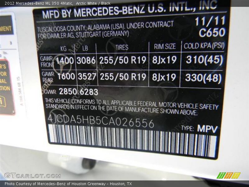 Arctic White / Black 2012 Mercedes-Benz ML 350 4Matic