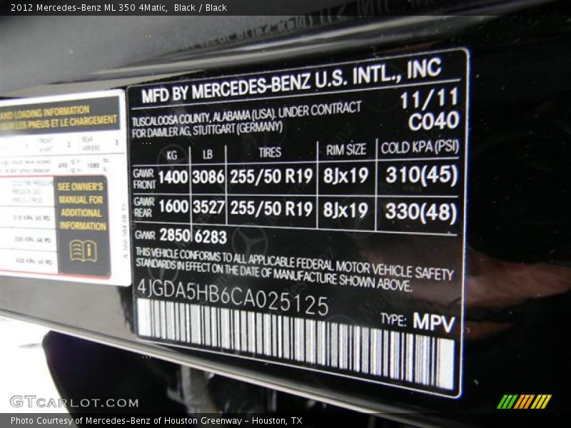 Black / Black 2012 Mercedes-Benz ML 350 4Matic