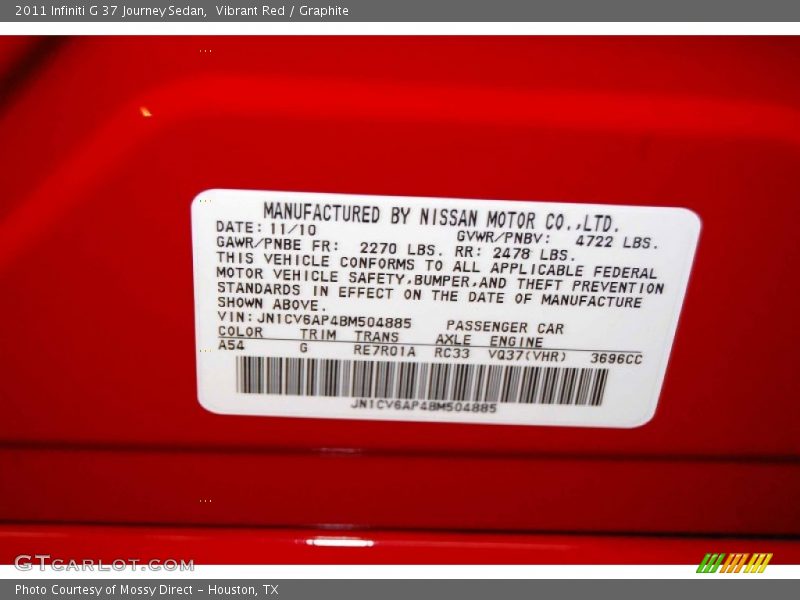 Vibrant Red / Graphite 2011 Infiniti G 37 Journey Sedan