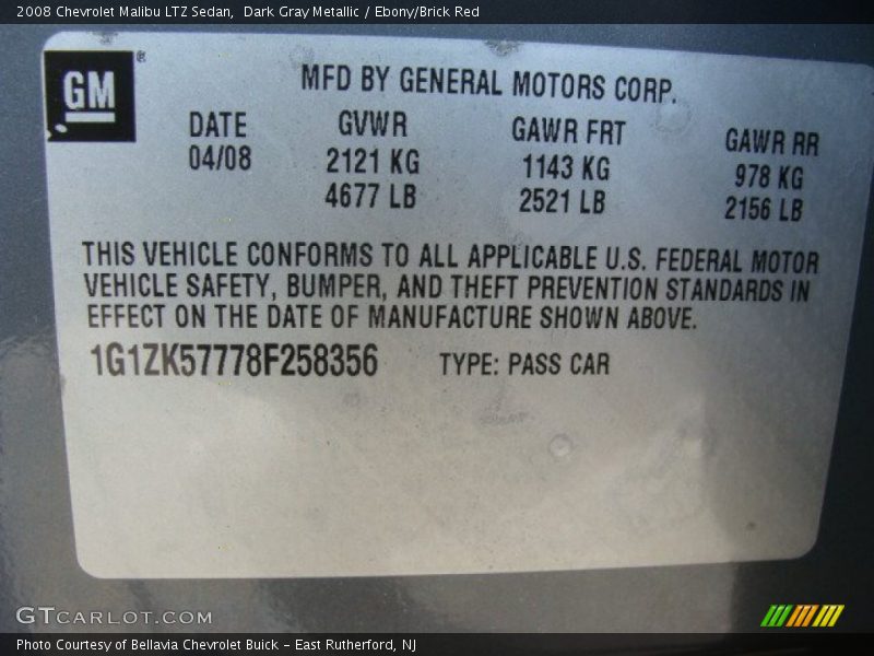 Dark Gray Metallic / Ebony/Brick Red 2008 Chevrolet Malibu LTZ Sedan