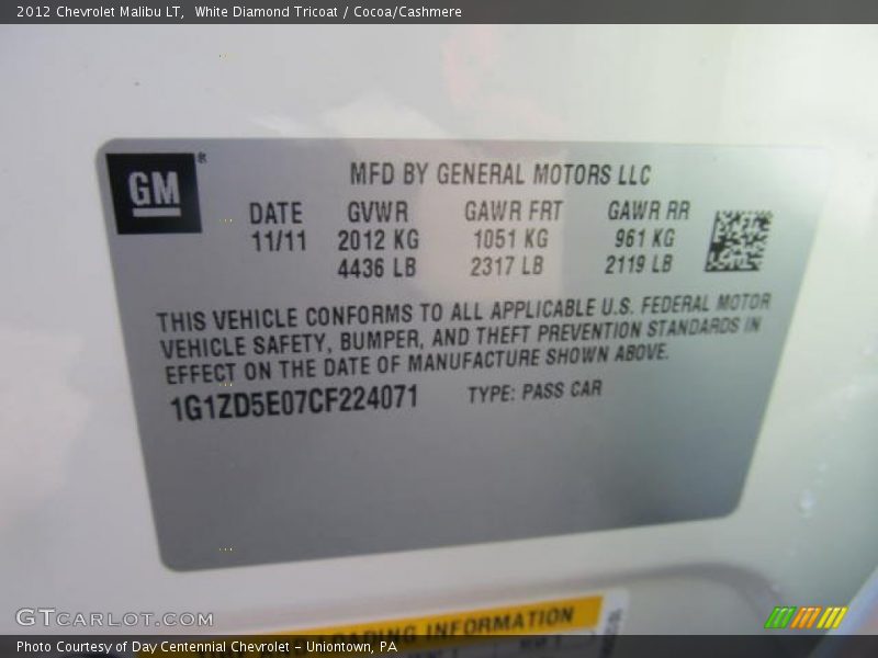 White Diamond Tricoat / Cocoa/Cashmere 2012 Chevrolet Malibu LT