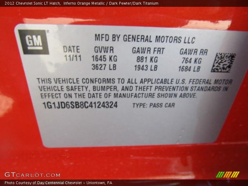 Inferno Orange Metallic / Dark Pewter/Dark Titanium 2012 Chevrolet Sonic LT Hatch