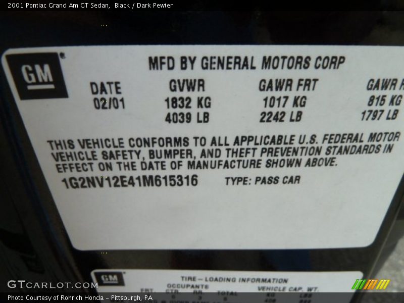 Black / Dark Pewter 2001 Pontiac Grand Am GT Sedan
