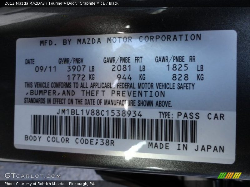 Graphite Mica / Black 2012 Mazda MAZDA3 i Touring 4 Door