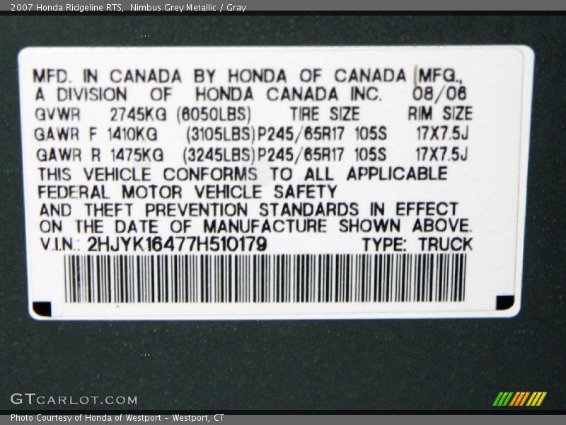 Nimbus Grey Metallic / Gray 2007 Honda Ridgeline RTS