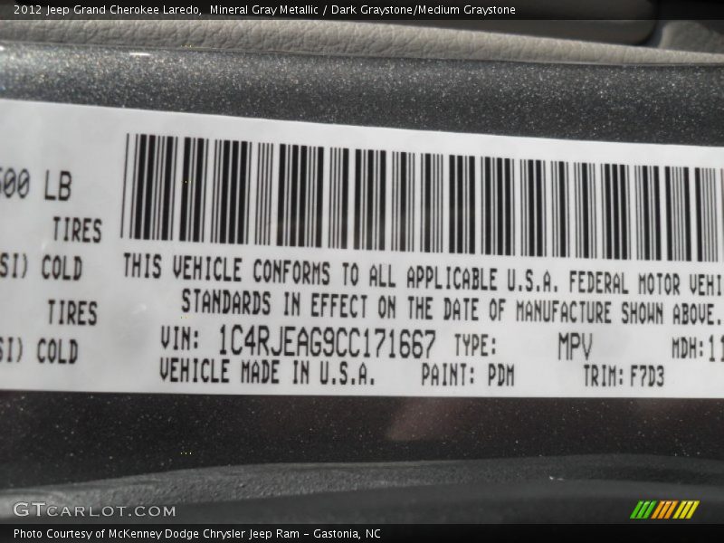 Mineral Gray Metallic / Dark Graystone/Medium Graystone 2012 Jeep Grand Cherokee Laredo