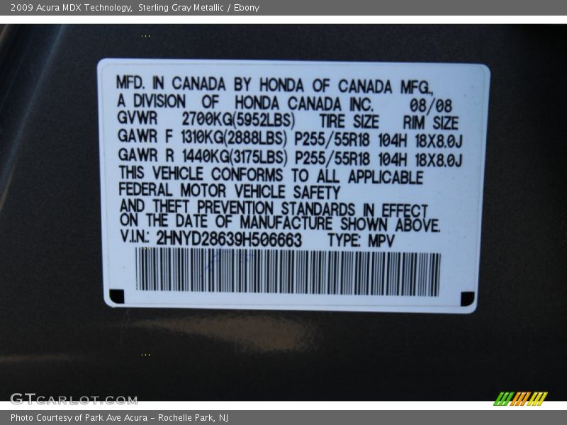 Sterling Gray Metallic / Ebony 2009 Acura MDX Technology