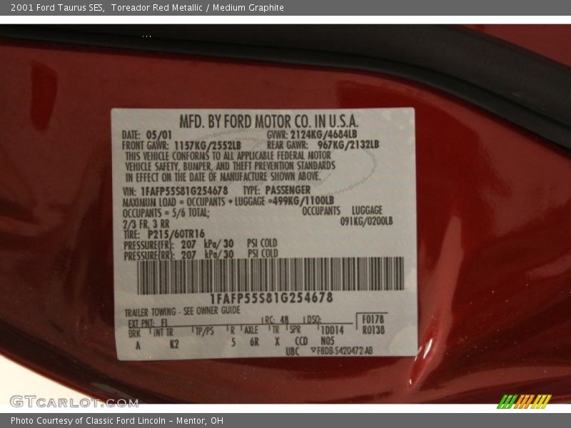 2001 Taurus SES Toreador Red Metallic Color Code FL