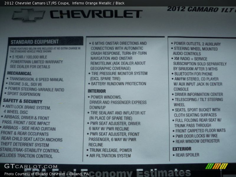 Inferno Orange Metallic / Black 2012 Chevrolet Camaro LT/RS Coupe
