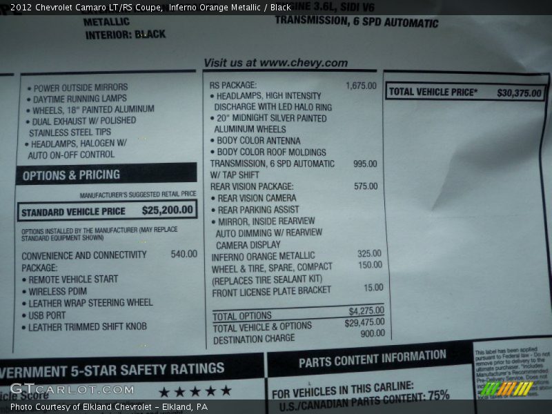 Inferno Orange Metallic / Black 2012 Chevrolet Camaro LT/RS Coupe