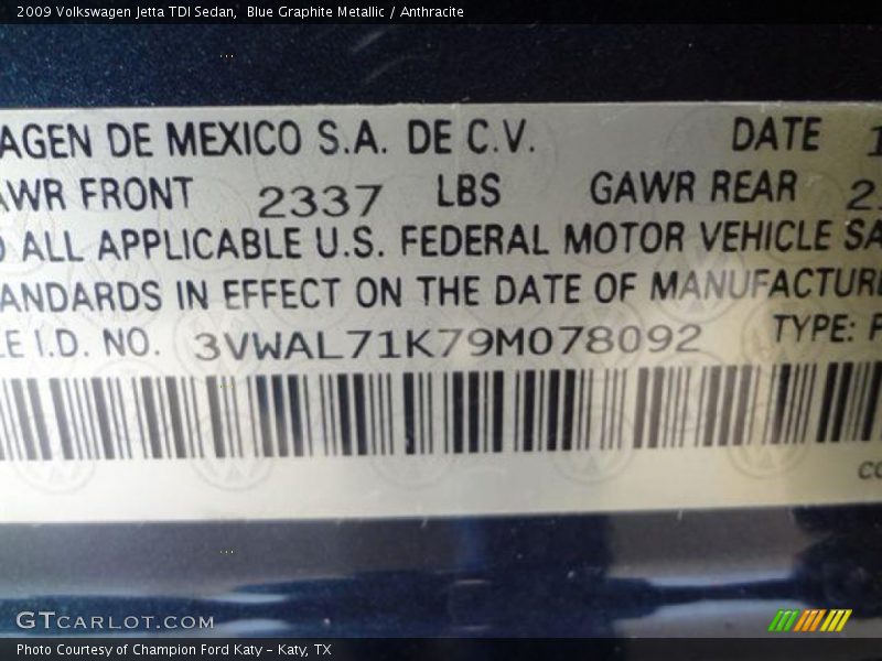 Blue Graphite Metallic / Anthracite 2009 Volkswagen Jetta TDI Sedan