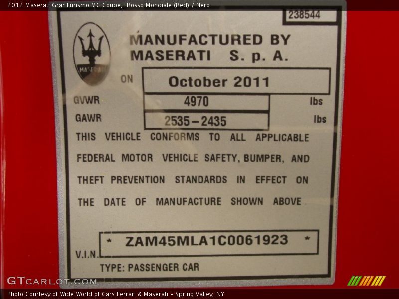 Rosso Mondiale (Red) / Nero 2012 Maserati GranTurismo MC Coupe