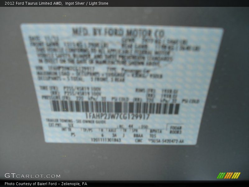 Ingot Silver / Light Stone 2012 Ford Taurus Limited AWD