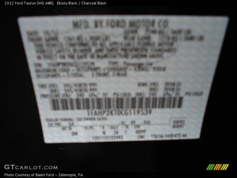 Ebony Black / Charcoal Black 2012 Ford Taurus SHO AWD