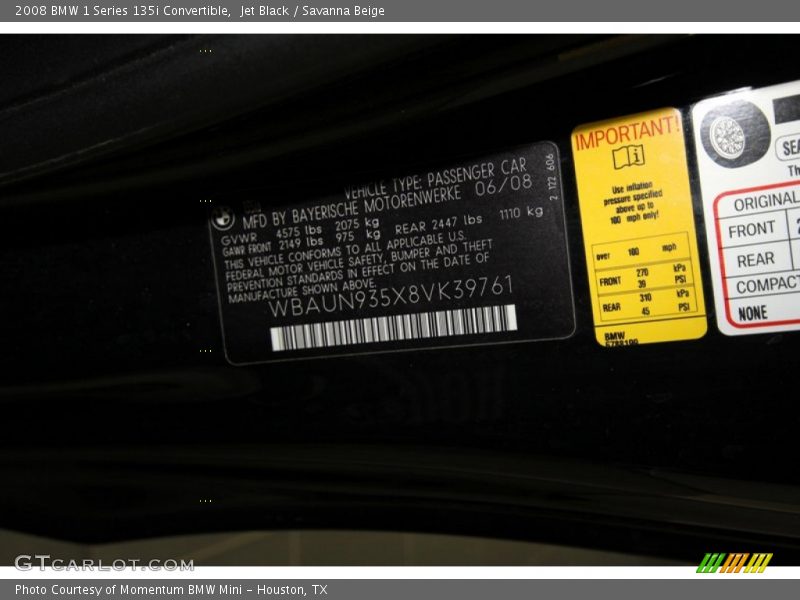 Jet Black / Savanna Beige 2008 BMW 1 Series 135i Convertible