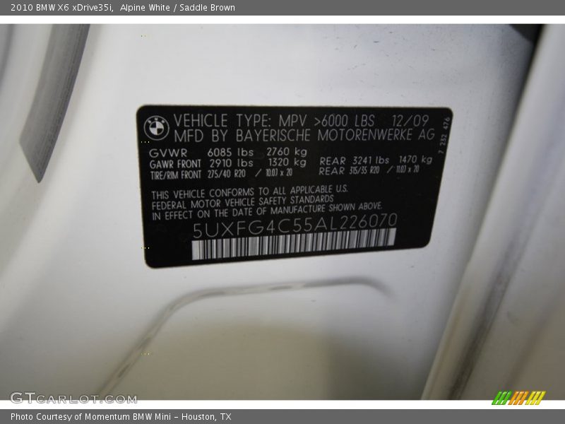 Alpine White / Saddle Brown 2010 BMW X6 xDrive35i