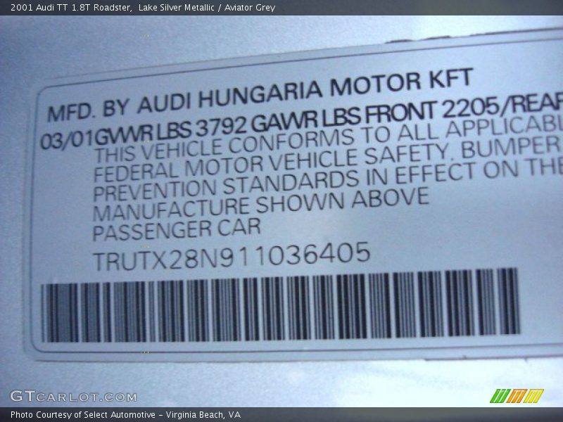 Lake Silver Metallic / Aviator Grey 2001 Audi TT 1.8T Roadster