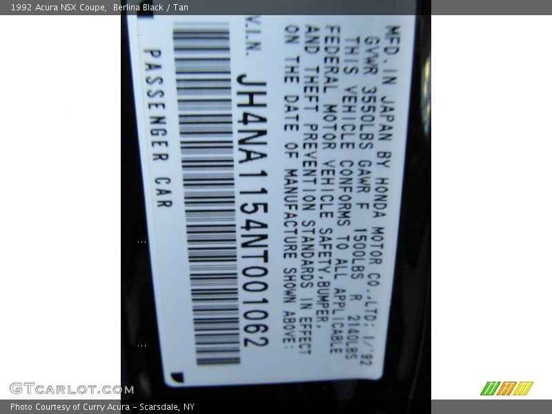 Berlina Black / Tan 1992 Acura NSX Coupe