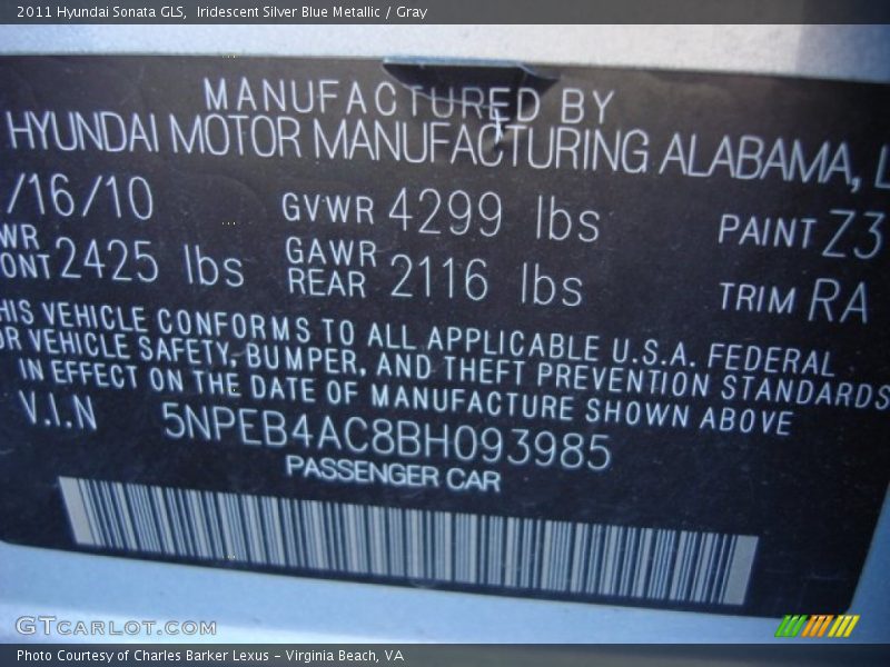 2011 Sonata GLS Iridescent Silver Blue Metallic Color Code Z3