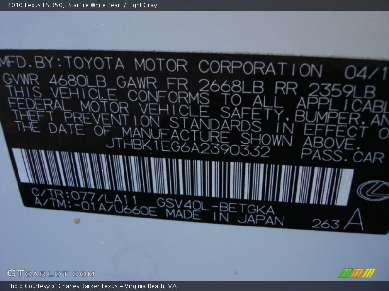 Starfire White Pearl / Light Gray 2010 Lexus ES 350