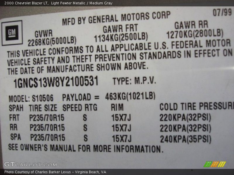 Light Pewter Metallic / Medium Gray 2000 Chevrolet Blazer LT