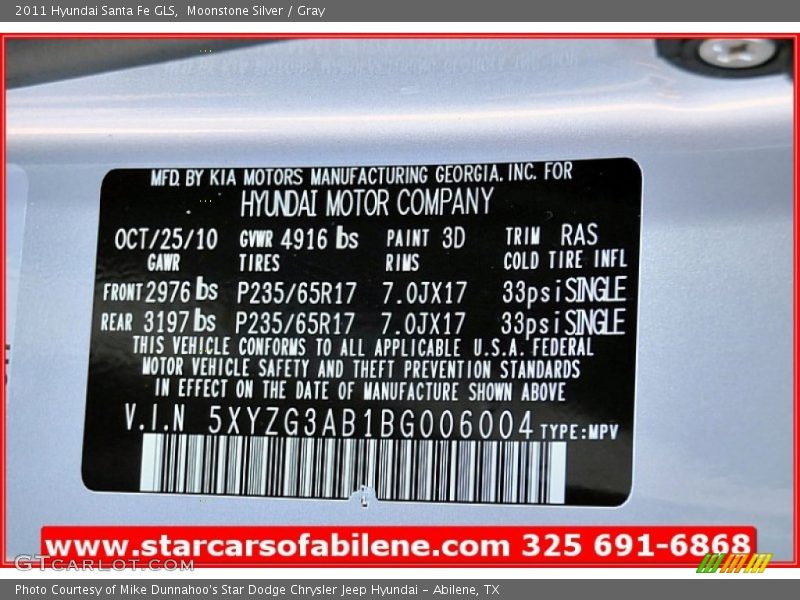 Moonstone Silver / Gray 2011 Hyundai Santa Fe GLS