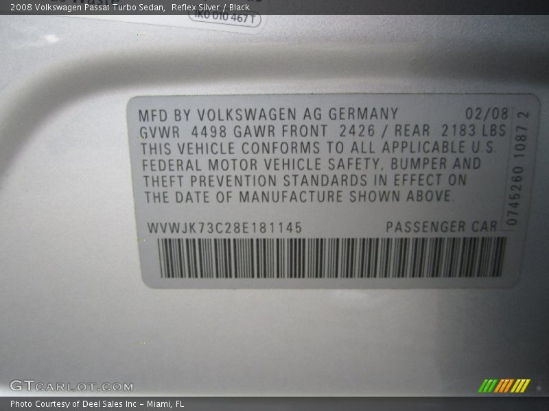 Reflex Silver / Black 2008 Volkswagen Passat Turbo Sedan