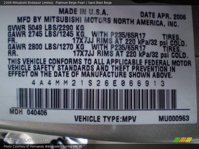 Platinum Beige Pearl / Sand Blast Beige 2006 Mitsubishi Endeavor Limited