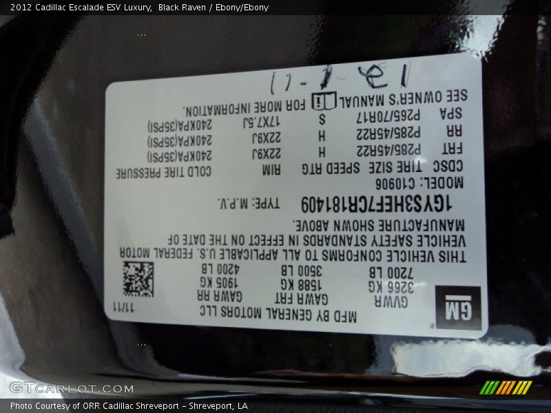 Black Raven / Ebony/Ebony 2012 Cadillac Escalade ESV Luxury