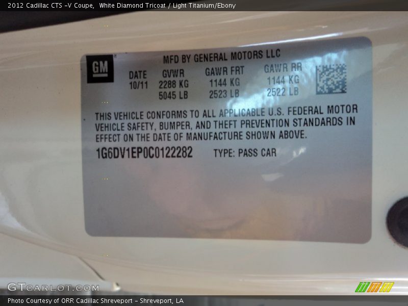 Info Tag of 2012 CTS -V Coupe
