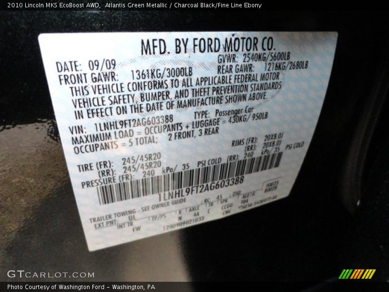 Atlantis Green Metallic / Charcoal Black/Fine Line Ebony 2010 Lincoln MKS EcoBoost AWD