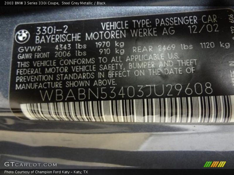 Steel Grey Metallic / Black 2003 BMW 3 Series 330i Coupe