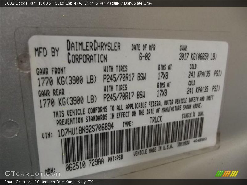Bright Silver Metallic / Dark Slate Gray 2002 Dodge Ram 1500 ST Quad Cab 4x4