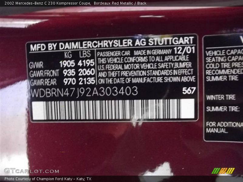 2002 C 230 Kompressor Coupe Bordeaux Red Metallic Color Code 567