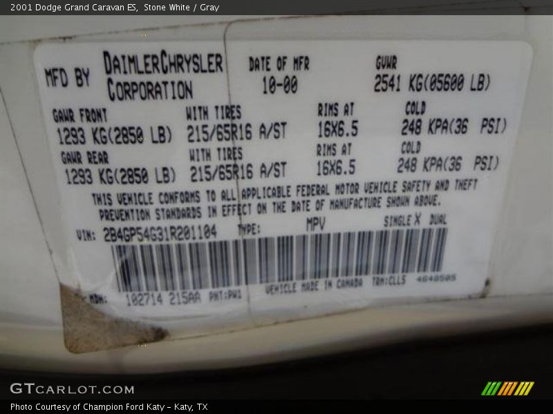 Stone White / Gray 2001 Dodge Grand Caravan ES