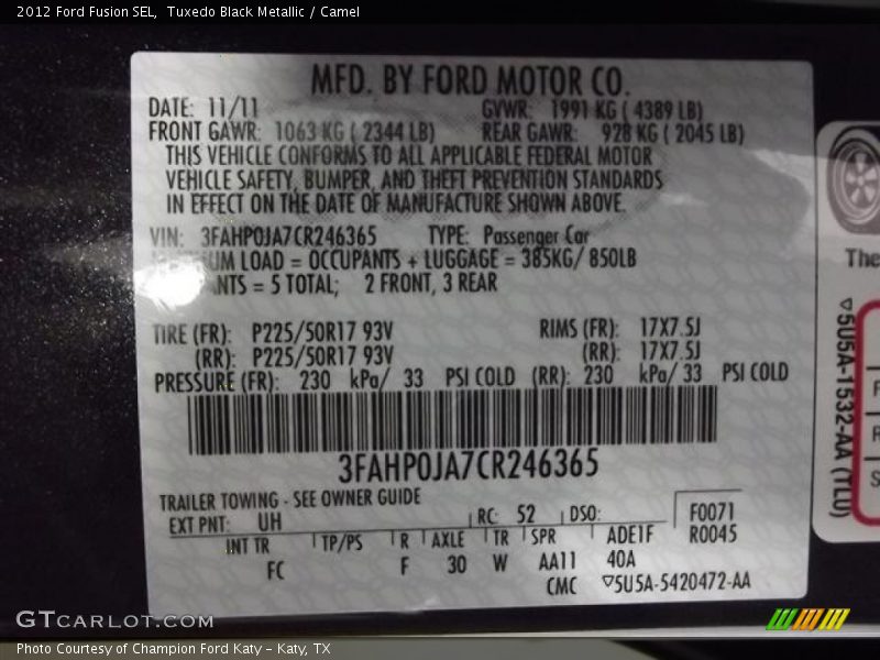 Tuxedo Black Metallic / Camel 2012 Ford Fusion SEL