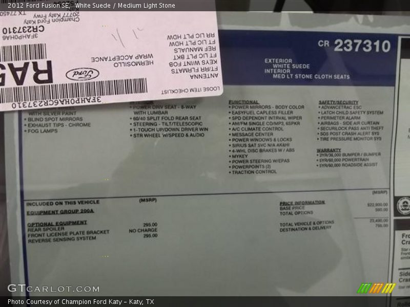 White Suede / Medium Light Stone 2012 Ford Fusion SE