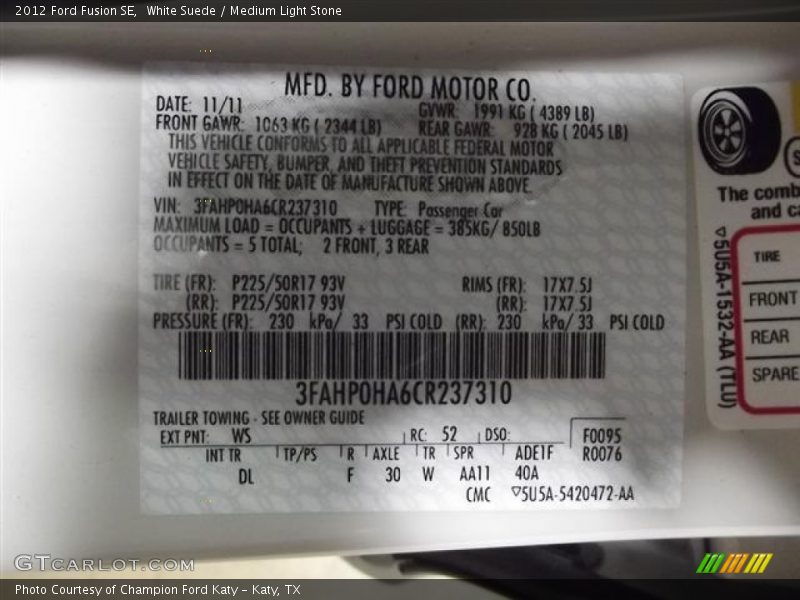 White Suede / Medium Light Stone 2012 Ford Fusion SE