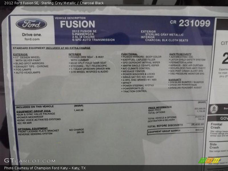 Sterling Grey Metallic / Charcoal Black 2012 Ford Fusion SE