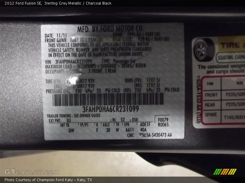 Sterling Grey Metallic / Charcoal Black 2012 Ford Fusion SE