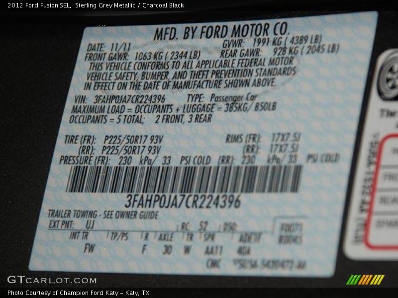 Sterling Grey Metallic / Charcoal Black 2012 Ford Fusion SEL