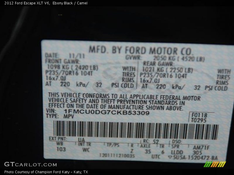 Ebony Black / Camel 2012 Ford Escape XLT V6