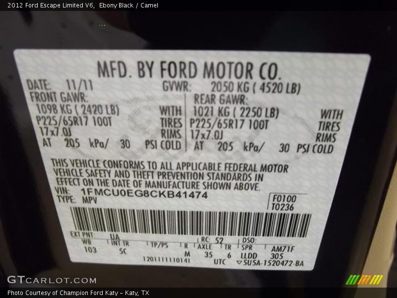 Ebony Black / Camel 2012 Ford Escape Limited V6