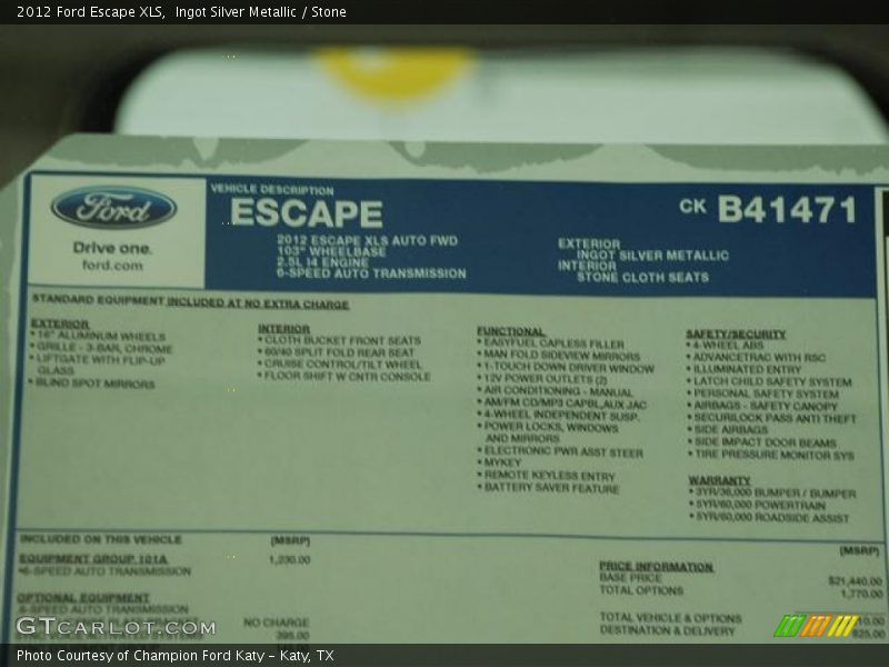  2012 Escape XLS Window Sticker