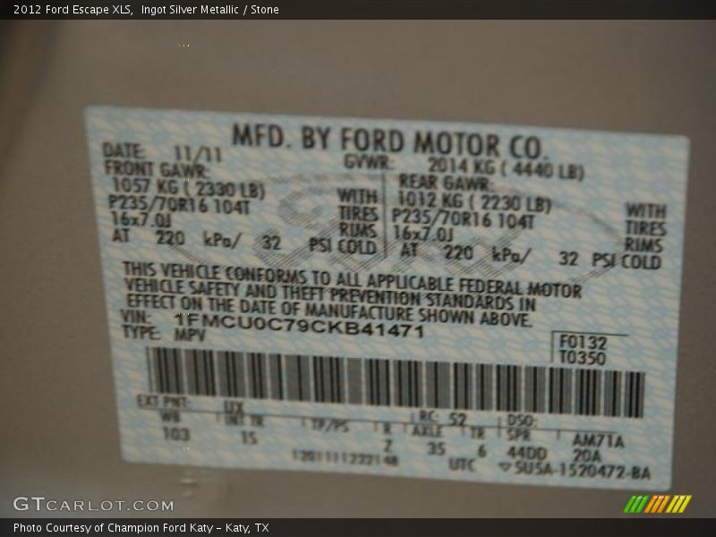 Ingot Silver Metallic / Stone 2012 Ford Escape XLS
